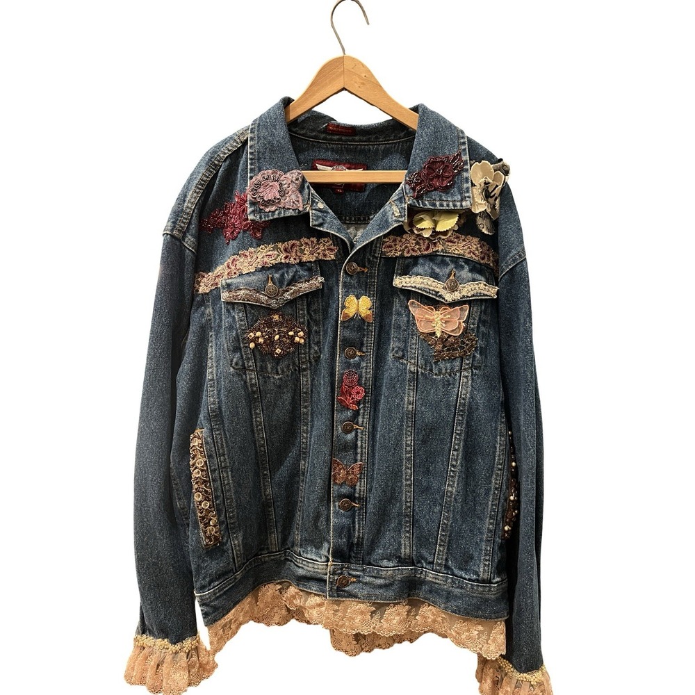 DG Denim Jacket Women's XL Embellished Lace Beads Butterflies Cottagecore Boho